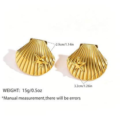 Gold Statement Earrings For Women, 14K Gold Plated Textured Geometric Drop Earrings - Hypoallergenic Stainless Steel Statement Earrings for Women, Waterproof Fan-Shaped Dangle Earrings for Beach & Daily Wear - color: Starfish seashell DKE252019GL