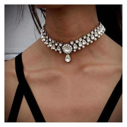 Bohemia Rhinestone Crystal Necklace Pearl Choker Wedding Jewelry Bridal Diamond Pendant for Women - color: gold
