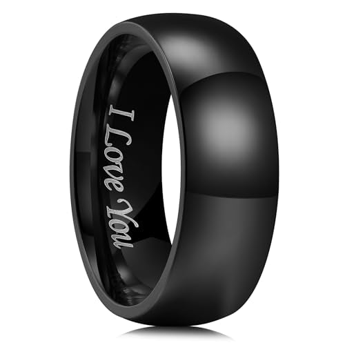 King Will 316L Stainless Steel Wedding Band for Men Women Size 4-15 | 2-8mm Width, Black/Sliver/Gold Plated, Laser I Love You, High Polished, Dome Style, Promise Ring Comfort Fit Promise Gift - color: D-Black-8mm