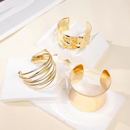 3PCS Chunky Cuff Bracelets for Women Irregular Minimalist Statement Bangle Bracelets Set Open Wide Wire Grooved Hammered Bangle Bracelet Gold Sliver Wrist Cuff Wrap Bracelet Adjustable - color: Gold Cuff Bracelets C