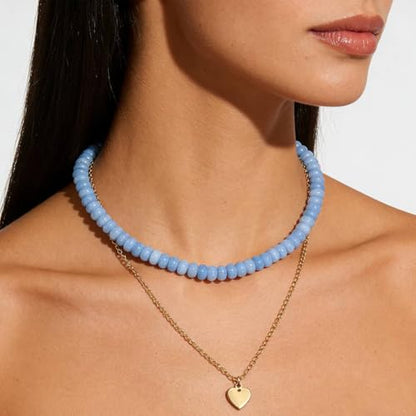 Beaded Necklace for Women,Natural Gemstone Necklace for Women,Colorful Bead Choker Necklace Handmade Surfer Beach Necklace Trendy Jewelry Gift for Women - style: 5x8MM Aquamarine