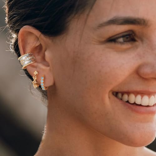 Chunky Ear Cuff Earrings for Women Single | Non Piercing, Clip On, 14K Gold Plated, Cubic Zirconia, Hypoallergenic, Jewelry Gifts - style: Waves