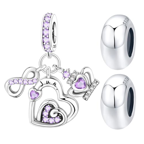 3PCS Birthstone Stone Charms for Charms Bracelet 925 Sterling Silver Infinity Love Heart Crown Dangle Charms Spacer Stopper Beads for Bracelets and Necklaces, Birthday Mother's Day Christmas Gifts For Women. - color: 06 Jun. 3PCS