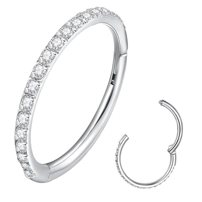 ORANGELOVE 20G 18G 16G Clear CZ Nose Ring Hoop 316L Surgical Steel Seamless Silver Septum Ring Clicker Jewelry Cartilage Earring Ear Piercing Hoop Earrings for Women Men Helix Rook Lobe Conch Tragus Daith Lip Hinged Piercing Jewelry with Cubic Zirconia -
