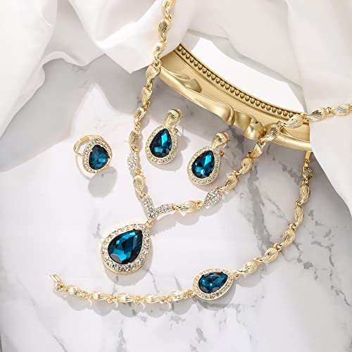 Womens Africa 18k Gold Plated Jewelry Set Crystal Rhinestones Petals Teardrop Cluster Bib Statement Necklace Link Bracelet Dangle Earrings Ring for Prom - color: 03-Blue Topaz Gold-Plated-Base