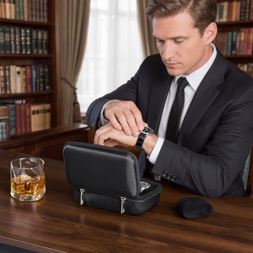 ProCase 3-Slot Travel Watch Case for Men, Hard Shell Storage Box -Black | Travel Watch Box for Watch Bracelet Accessories, Zippered Organizer Bag Fathers Day Gift for Dad - size: 3 Slots