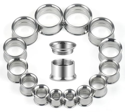 12G-25mm Double Flare Thin Gauges Tunnels Plugs Stretching Kit 316L Surgical Stainless Steel Hollow Gauge Tunnel Plug for Ear 12G 10G 8G 6G 4G 2G 0G 00G 12mm 14mm 16mm 18mm 20mm 22mm 25mm - color: Silver Tone, size: 0G(8.0mm)-22mm