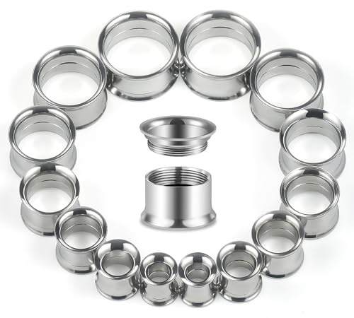 12G-25mm Double Flare Thin Gauges Tunnels Plugs Stretching Kit 316L Surgical Stainless Steel Hollow Gauge Tunnel Plug for Ear 12G 10G 8G 6G 4G 2G 0G 00G 12mm 14mm 16mm 18mm 20mm 22mm 25mm - color: Silver Tone, size: 6G(4.0mm)-18mm