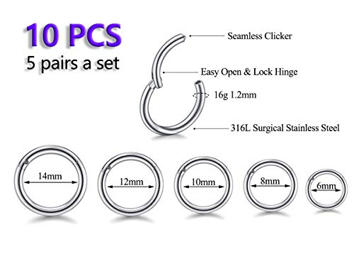 HQLA 16G Surgical Steel Hinged Clicker Segment Nose Rings Hoop Helix Cartilage Daith Tragus Sleeper Earrings Body Piercing for women 6mm 8mm 10mm 12mm 14mm - style: 16G - Steel - (6mm-14mm) - 10Pcs