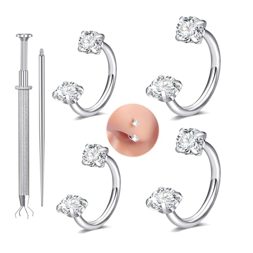 Longita 20g Nose Rings Hoop L Shape Nose Studs Stainless Steel Nose Screw Bone Flat Top Diamond Opal Heart High Nostril Piercing Jewelry Silver Rose Gold Black Pack for Women Men - color: C4- Horseshoe Ring 18g 6mm 7mm- silver 4pcs