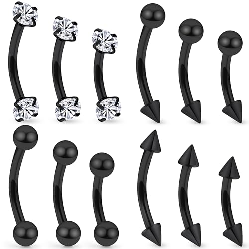 16G Eyebrow Rings Rook Piercing Jewelry 316L Surgical Steel Curved Barbells Vertical Lip labret Snake Eyes Piercing Jewelry Tongue Small Belly Ring 6mm 8mm 10mm Silver Black Gold - color: Black
