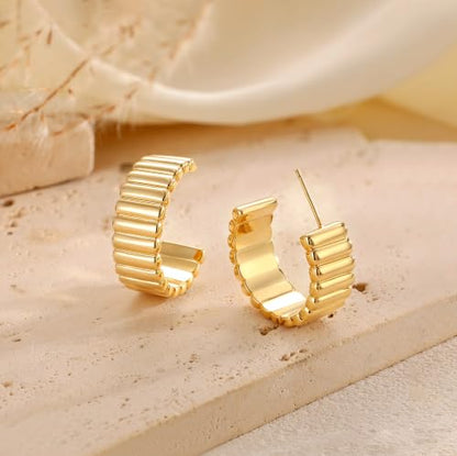 Robaice Chunky Huggie Earring for Women，14K Gold Plated Hoop Earrings | Gold Huggie 925 Sterling Silver Post Earrings, Statement Trendy Hoop Earring，Fashion Lightweight Jewelry Gifts for Women - color: Gold-C