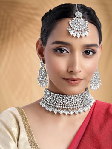 Aheli Faux Pearl Choker Necklace with Earrings Indian Traditional Bollywood Jewelry Set Gift for Women - color: Rhodium White