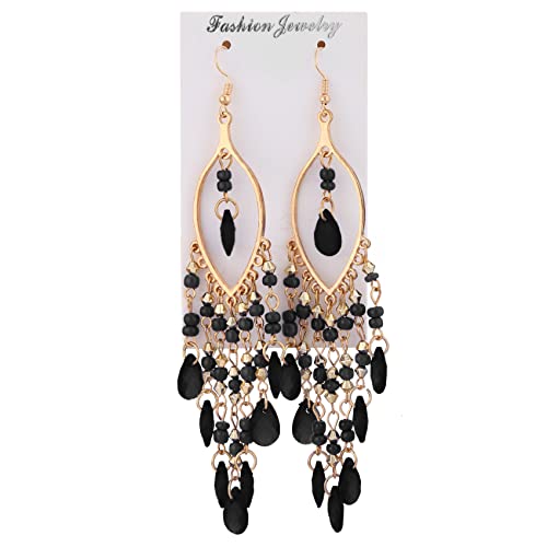 Essencedelight Crystal Beaded Tassel Earring Long Beaded Dangle Earring Fringe Hook Earring for Women Bridal Wedding - color: black