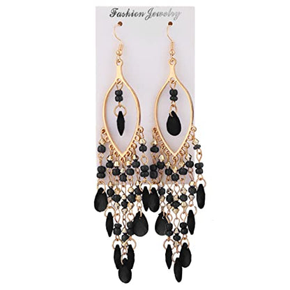 Essencedelight Crystal Beaded Tassel Earring Long Beaded Dangle Earring Fringe Hook Earring for Women Bridal Wedding - color: black