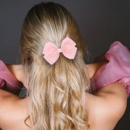 KISZU 4.5 Inch Flower Hair Bows Clips Mermaid Pearl HairPins for Girls Children Teens and Women - color: Pink