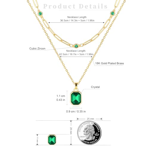 Gold Layered Necklaces for Women, 18k Gold Plated Crystal Necklace Paperclip Choker Emerald Green Jewelry for Women Gifts - color: Green