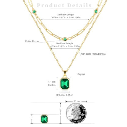 Gold Layered Necklaces for Women, 18k Gold Plated Crystal Necklace Paperclip Choker Emerald Green Jewelry for Women Gifts - color: Green