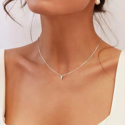 Poxtex Cross Necklace for Women Teen Girls, Dainty 14K Gold Silver Plated Cross Choker Jewelry Non Tarnish Waterproof Cute Simple Small Necklace Christian Baptism Religious Faith Jewelry Gifts - color: 02 Tiny Cross - Silver
