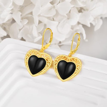 Sterling Silver Black Onyx Earrings for Women 18K Yellow Gold Plated Jewelry Gifts - style: Filigree Heart
