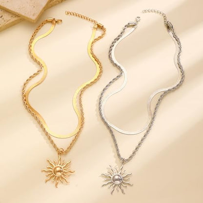Sun Necklace for Women 14K Gold Silver Plated Layered Charm Necklace Double Chain Charm Pendant Necklaces Trendy Daily Wear Statement Jewelry Gift - color: Gold