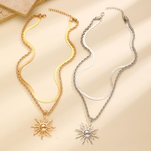 Sun Necklace for Women 14K Gold Silver Plated Layered Charm Necklace Double Chain Charm Pendant Necklaces Trendy Daily Wear Statement Jewelry Gift - color: Silver