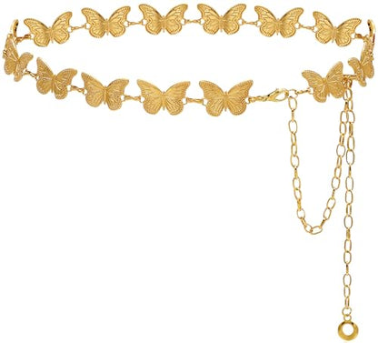 Waist Chain Belts Women Girls Metal Belly Link | Adjustable Waist Belt for Jeans and Dress - color: Gold Butterfly, size: S: 41.3 in