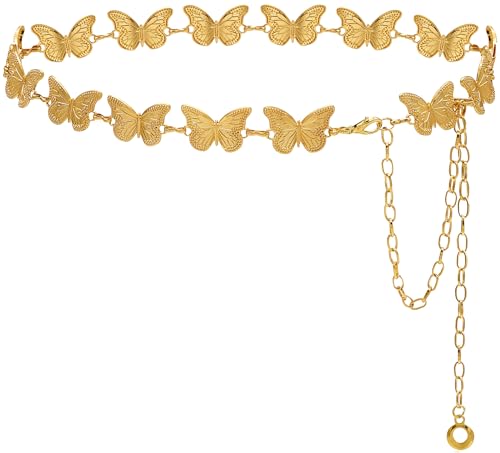 Waist Chain Belts Women Girls Metal Belly Link | Adjustable Waist Belt for Jeans and Dress - color: Gold Butterfly, size: M: 47.2 in