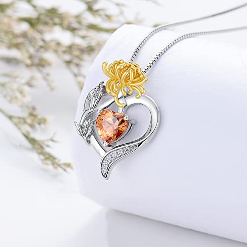 TOUPOP Birth Flower Necklace 925 Sterling Silver Heart Birthstone Pendant Necklaces Birth Month Floral Jewelry Birthday Valentines Day Mothers Day Gifts for Women Wife Mom - style: 11-November-Chrysanthemum