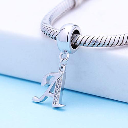 925 Sterling Silver Charms Alphabet Beads fit Pandora Charm Bracelets A-Z Letter Initial Spacer Dangle Clear CZ Stone Authentic for Snake Chain Bracelets - color: A