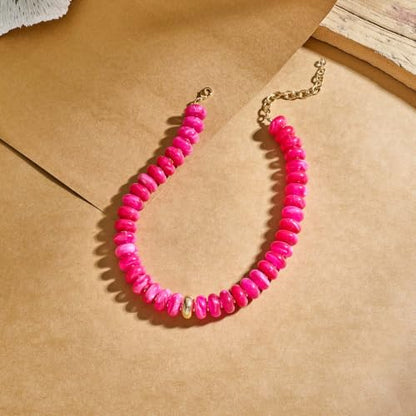 Chunky Beaded Necklace for Women Boho Statement Bead Necklace Adjustable Choker with Polished Disc/Square Beads Trendy Summer Beach Jewelry Gifts - color: Hot Pink