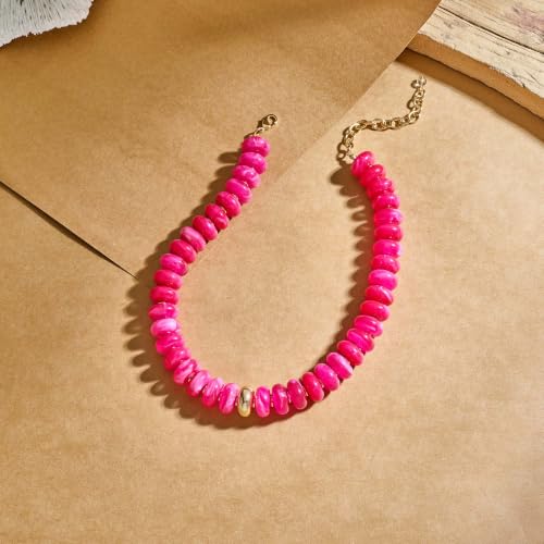 Chunky Beaded Necklace for Women Boho Statement Bead Necklace Adjustable Choker with Polished Disc/Square Beads Trendy Summer Beach Jewelry Gifts - color: Hot Pink