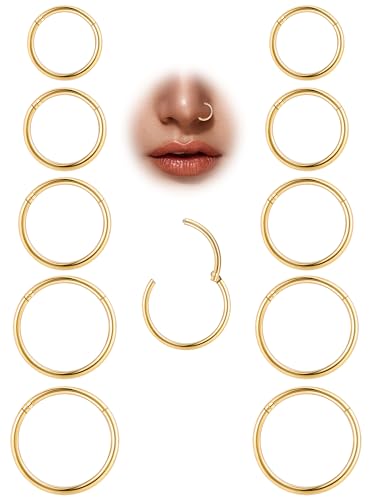 10Pcs 18G 20G Surgical Steel Nose Rings Hoops for Women Men Hinged Seamless Clicker Nose Hoops Cartilage Helix Tragus Daith Sleeper Earrings Hoop Hypoallergenic Nose Piercing 6/7/8/9/10MM - color: gold, size: 18G