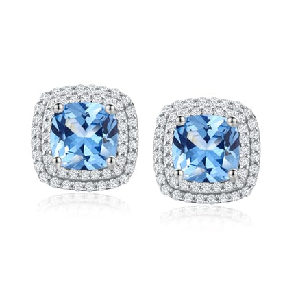 Dainty Birthstone Earrings for Women Sterling Silver Small Stud Earrings with Halo Cushion/Round Created Gemstone Earrings Birthstone Jewelry - style: A 12. Dec./created blue topaz-cushion cut