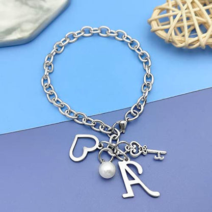 Initial A-Z Bracelets Gift for Women Girls Stainless Steel Chain Bracelet 26 Alphabet Jewelry Gifts for Birthday Anniversary Letter Bracelet Monogram Gifts for Sister Friend Girlfriends Mom 8.26 Inch - color: A