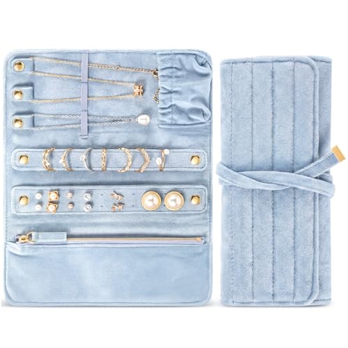 Tondiamo 1 Pcs Velvet Jewelry Roll Luxury Travel Jewelry Case for Ring Necklace Earring Bracelet Storage Bag Women Bridesmaid Gift (Light Blue) - color: Light Blue
