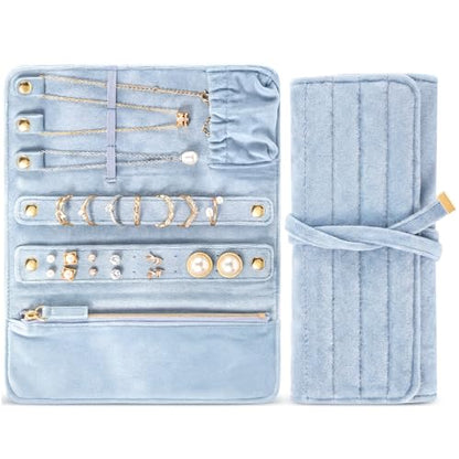 Tondiamo 1 Pcs Velvet Jewelry Roll Luxury Travel Jewelry Case for Ring Necklace Earring Bracelet Storage Bag Women Bridesmaid Gift (Light Blue) - color: Light Blue