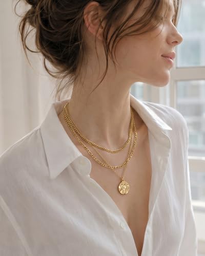 Layered Gold Necklaces for Women14K Gold Planted Non Tarnish | Cuban, Herringbone,Figaro,Paperclip Chain Layering Stack Choker Necklace , Trendy Jewelry Gift for Women - color: A