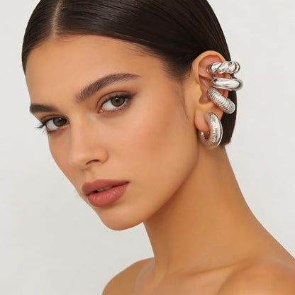 4pcs Chunky Gold Silver Ear Cuff Set for Women Punk Metallic Twist Non Piercing Clip Cuff Earrings Trendy Jewelry Set for Daily Party - style: style B