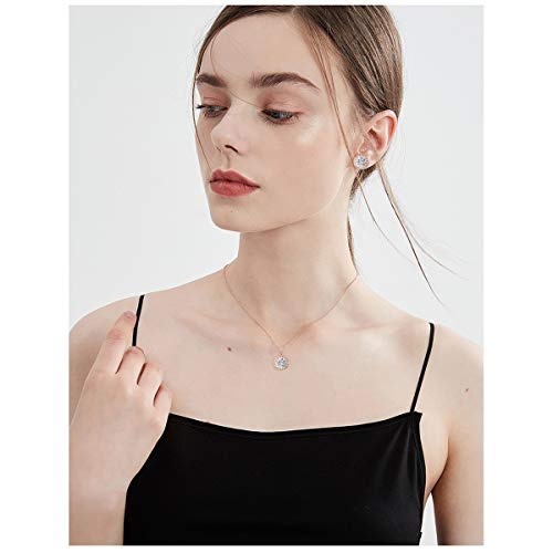 Bridal Crystal Jewelry Set - Sterling Silver Round Cubic Zirconia CZ Rhinestone Halo Birthstone Pendant Necklace Stud Earrings Set for Wedding Bride Bridesmaids Birthday Gift - color: Rose Gold