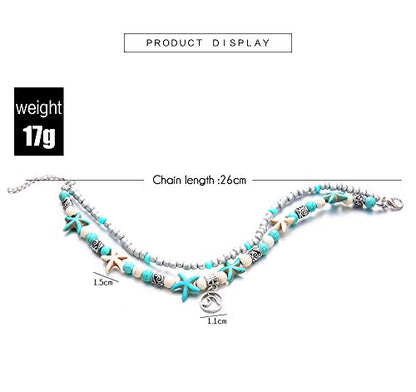 Softones Blue Starfish Turtle Anklet Multilayer Charm Beads Sea Handmade Boho Anklet Foot Jewelry for Women - style: E:2pcs Turtle Wave