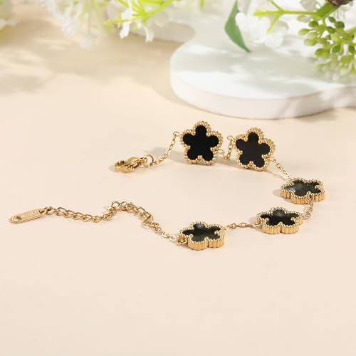 TICVSS Four Leaf Clover Bracelet for Women 18K Gold Plated Stainless Steel Lucky 4 Leaf Gold Link Bracelet Jewelry Gift for Women - color: Black