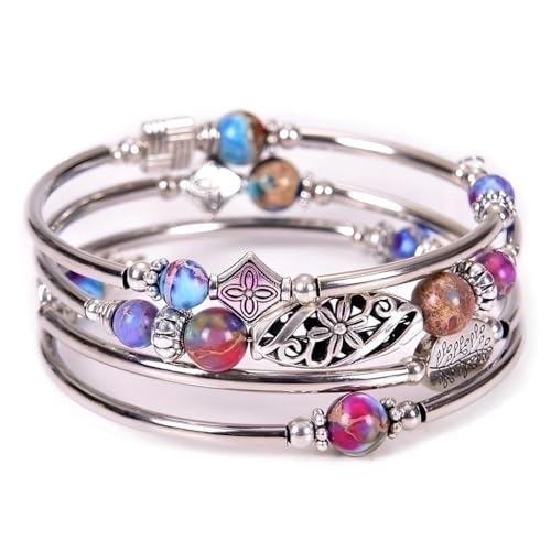 Boho Wrap Beaded Bracelet for Women – Handmade Natural Stone Jewelry – Stainless Steel Adjustable Ethnic Chic Gift - color: Emperor Jasper Stone