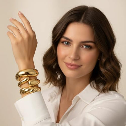 Chunky Gold Bangle Bracelets for Women – 14K Gold Plated, 3-Piece Stackable Cuff Bangles Set, Trendy Minimalist Jewelry - style: Gold-2