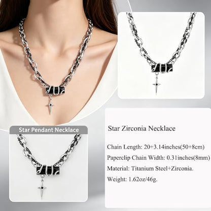 Gothic Cross Star Necklace For Men Women Silver Stainless Steel Cuban Link Paperclip Figaro Bead Chain Punk Kpop Y2k Goth Irregular Layered Cross Pendant Necklace Non Tarnish Jewelry Gift - color: Silver O