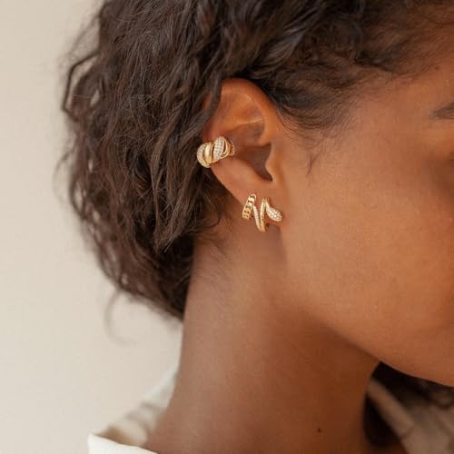 Women Ear Cuff Earrings Gold Non Pierced Cartilage Clip on Open Wrap Twist Hoop 14K Gold Plated Simple Hypoallergenic Everyday Jewelry - style: Station