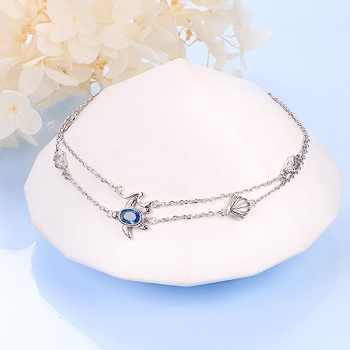 Anklets for Women 925 Sterling Silver Blue Evil Eye Infinity Butterfly Adjustable Multilayer Layered Summer Beach Ankle Bracelet Foot Chain Jewelry for Women - style: D-Sea Turtle