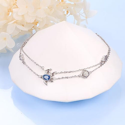 Anklets for Women 925 Sterling Silver Blue Evil Eye Infinity Butterfly Adjustable Multilayer Layered Summer Beach Ankle Bracelet Foot Chain Jewelry for Women - style: D-Sea Turtle