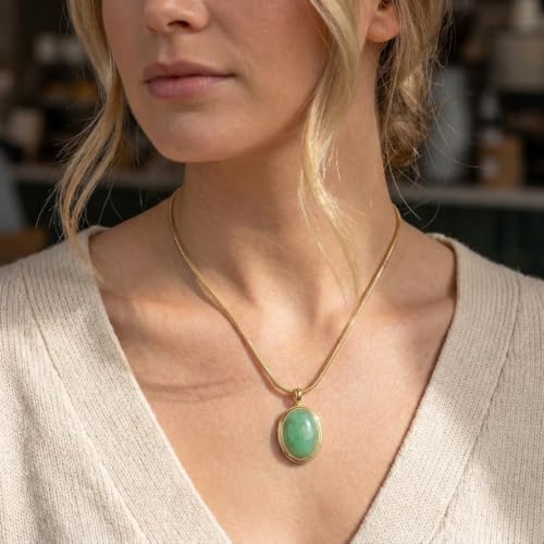 Sonateomber Gold Stone Pendant Necklace for Women, Chunky Statement Dainty Heart Oval Natural Gemstone Dangle Necklaces Wedding Prom Accessories Fashion Jewelry Gift - color: Mint Green