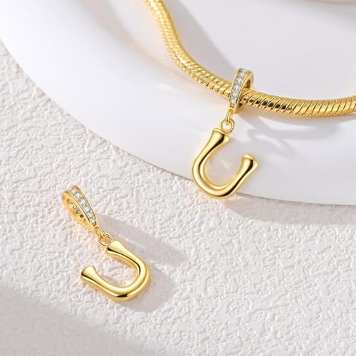 Hapour Gold Initial Letter Charms 925 Sterling Silver Alphabet Beads | 14K Gold Plated, A-Z Letter Charms, For Bracelets Necklace, Cubic Zirconia, DIY Dangle Pendant Beads, For Women Mom - color: Golden initial letter U